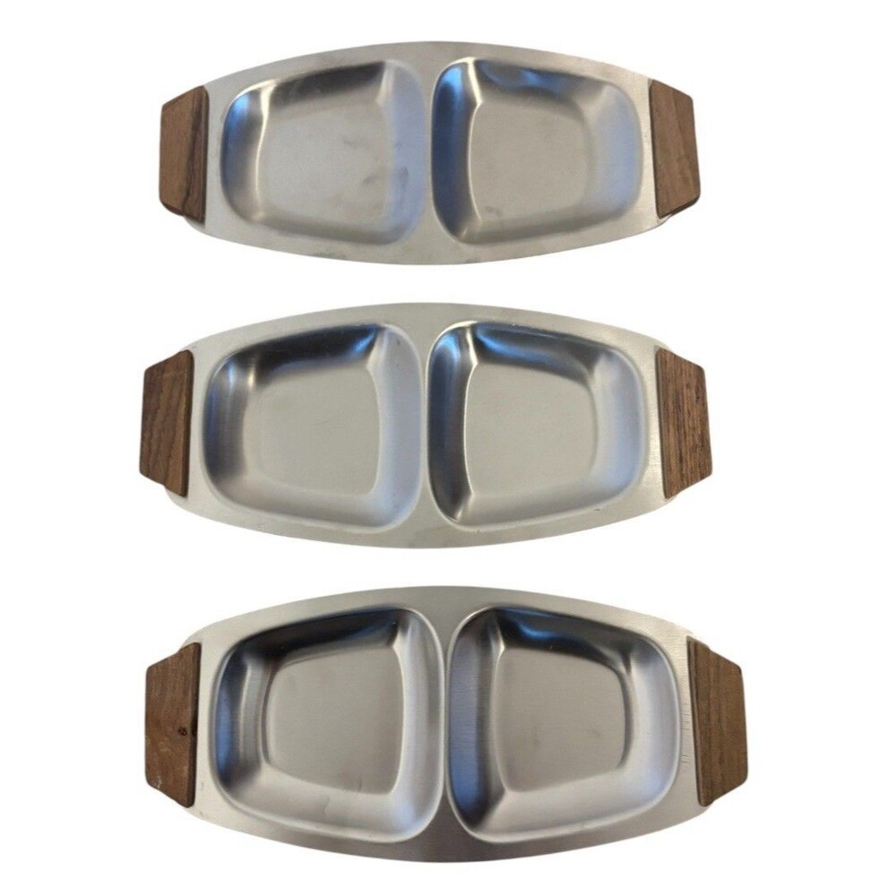 Vintage Japan Stainless Steel Serving Tray Set 3 Mid Century Modern Wood Handles